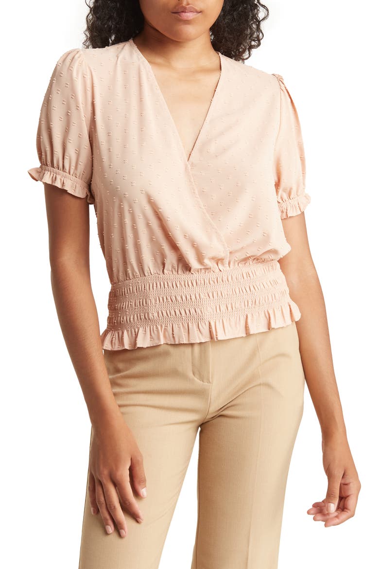 Swiss Dot Faux Wrap Top, Main, color, BLUSH