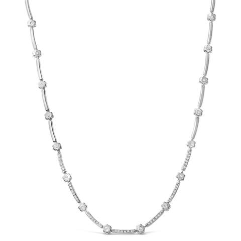 14K White Gold 1.0 Cttw Diamond Flower and Bar Station Necklace