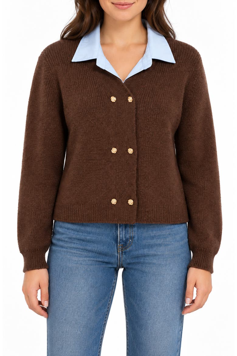 Faux Twofer Cardigan, Main, color, COFFEE/ LIGHT BLUE