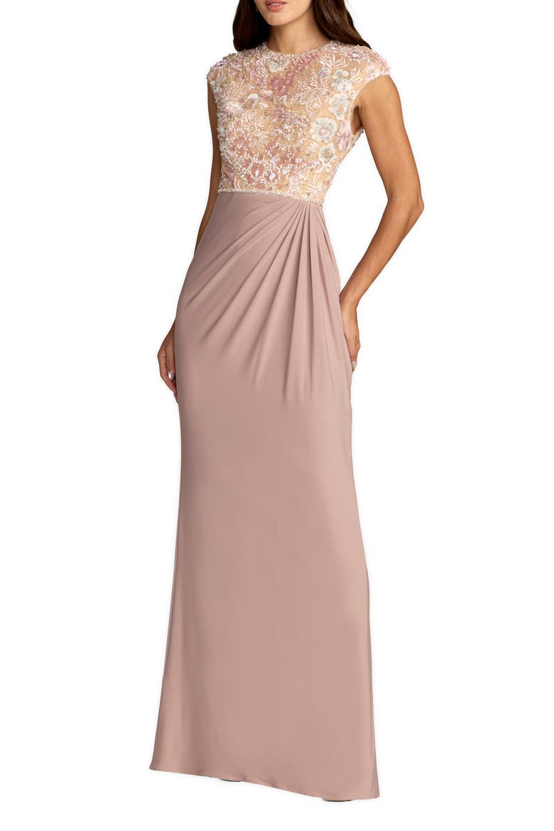 Embroidered Jersey Cap Sleeve Column Gown, Main, color, Taupe Multi