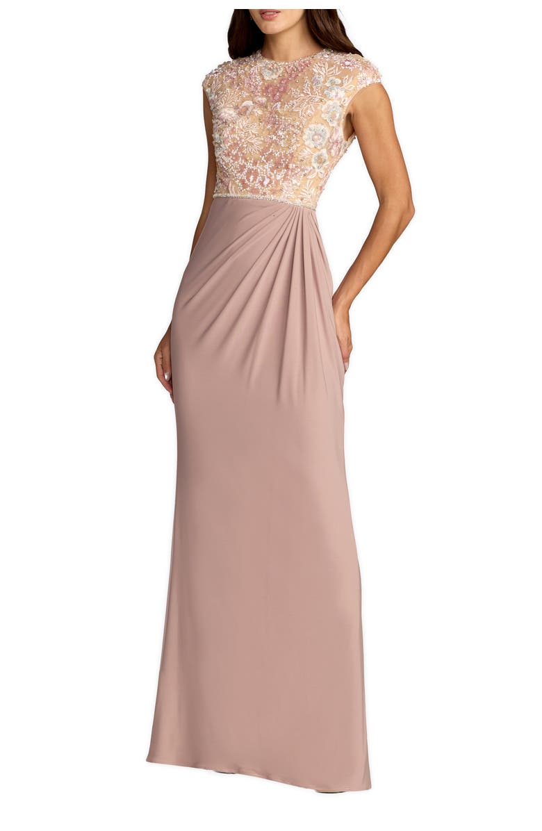 Mac Duggal Embroidered Jersey Cap Sleeve Column Gown, Main, color, Taupe Multi
