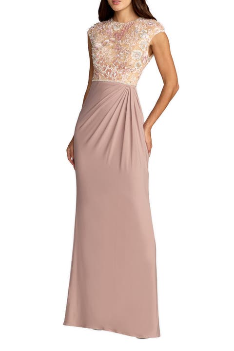 Embroidered Jersey Cap Sleeve Column Gown