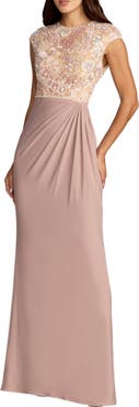 Mac Duggal Embroidered Jersey Cap Sleeve Column Gown
