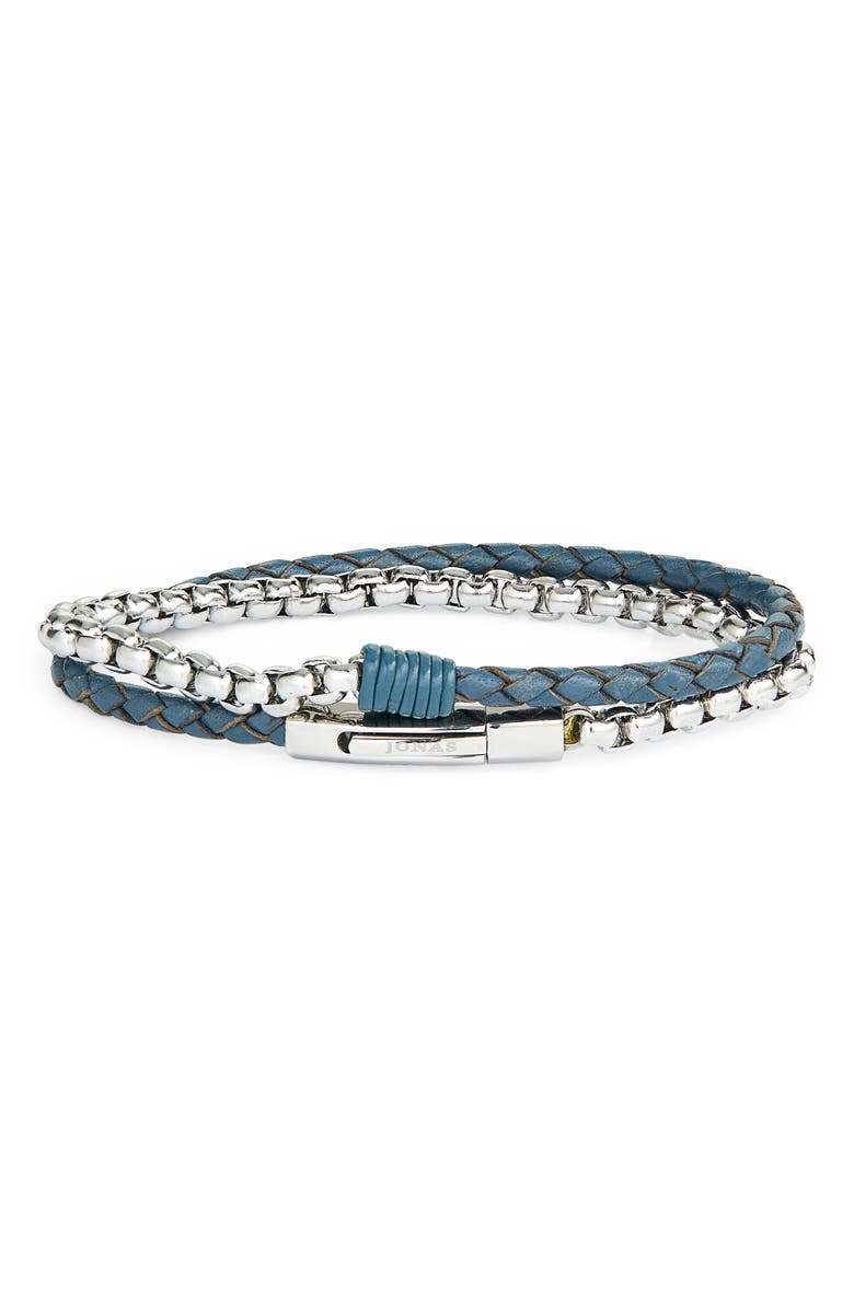 Jonas Studio Braided Leather & Chain Double Wrap Bracelet, Main, color, Blue