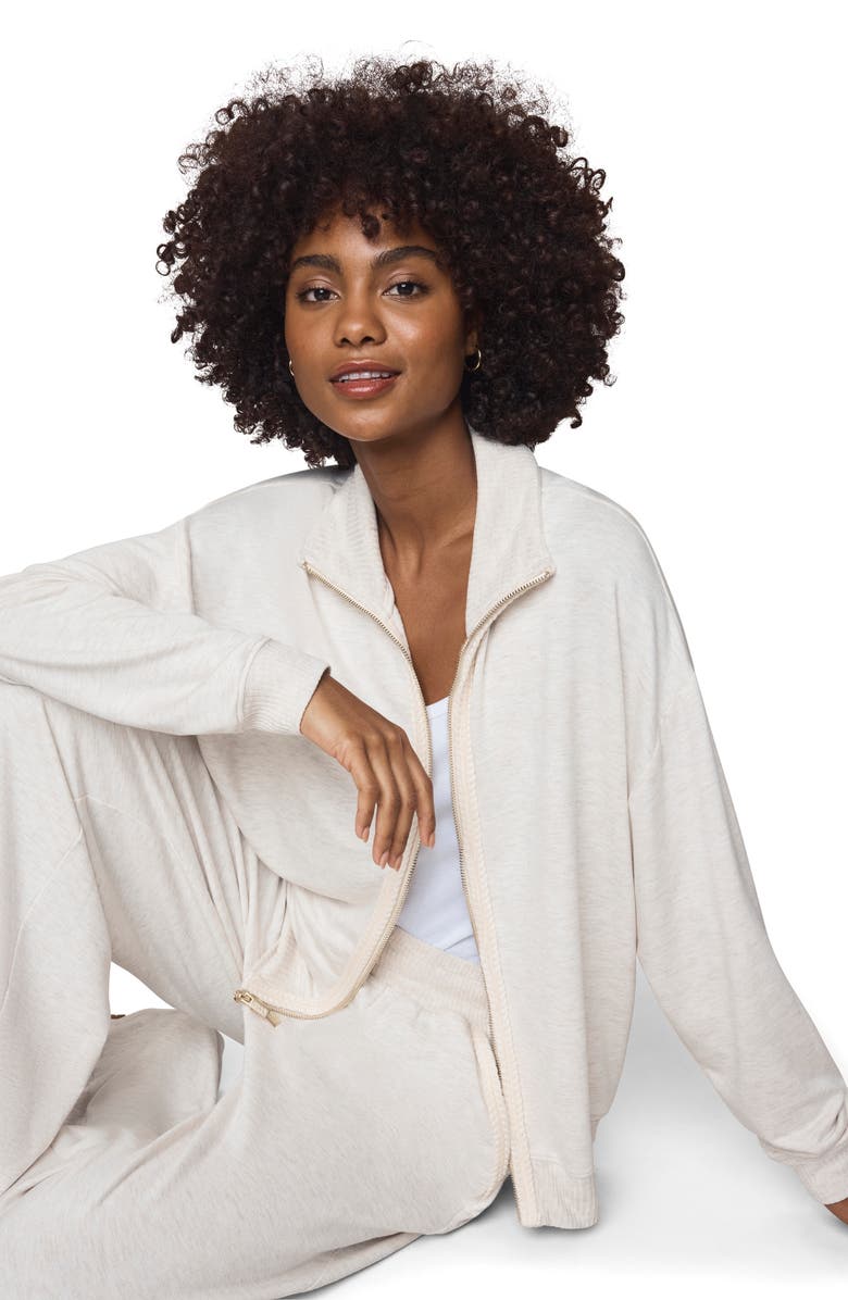 Splendid Supersoft Trim Detail Zip-Up Sweatshirt, Alternate, color, Pale Oak White Heather