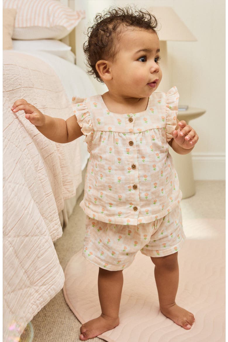 Floral Check Cotton Gauze Top & Shorts, Alternate, color, NEUTRAL
