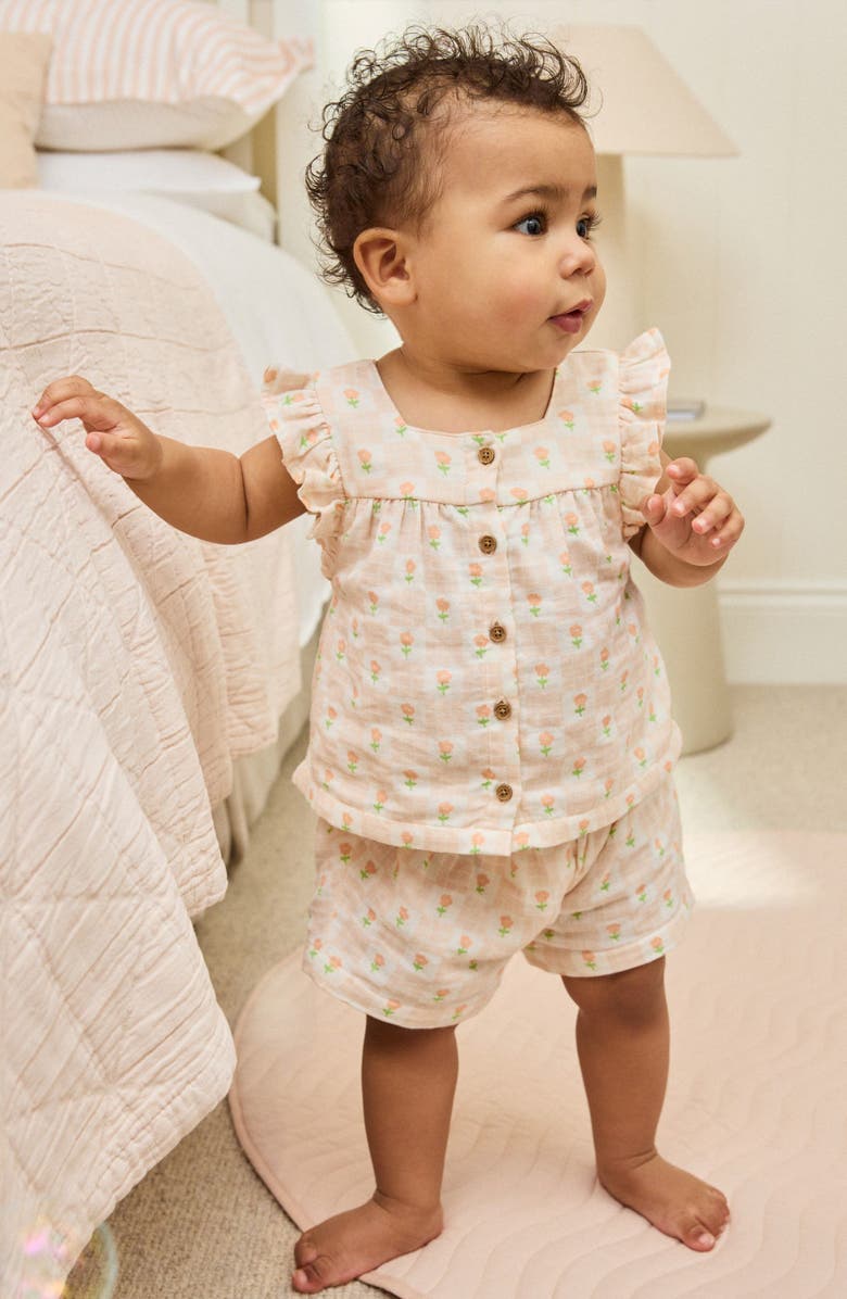 NEXT Floral Check Cotton Gauze Top & Shorts, Alternate, color, Neutral