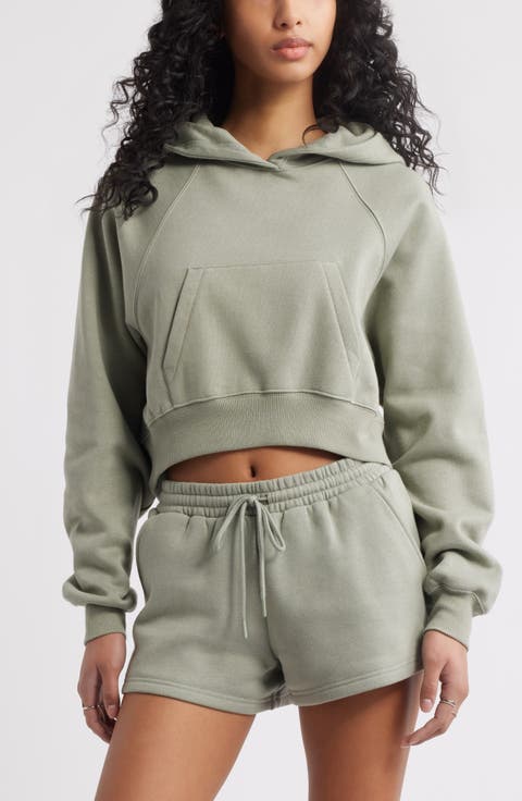 Women's Green Cotton Crop Hoodie