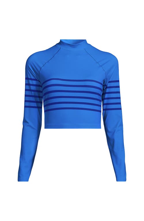 Lands' End Long Sleeve Mock Neck Cropped Upf 50 Sun Protection Rash Guard In Freshwater Blue Placed Stripe