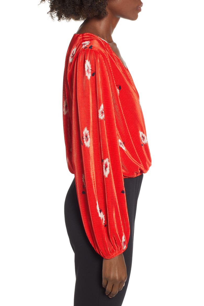 Pleated Long Sleeve Surplice Top, Alternate, color, RED FLORAL