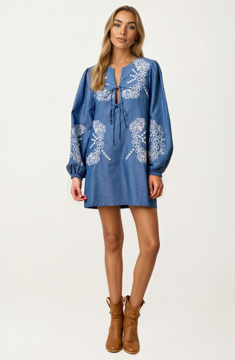 Knit and Lounge Embroidered Chambray Mini Dress, Main, color, Chambray Blue