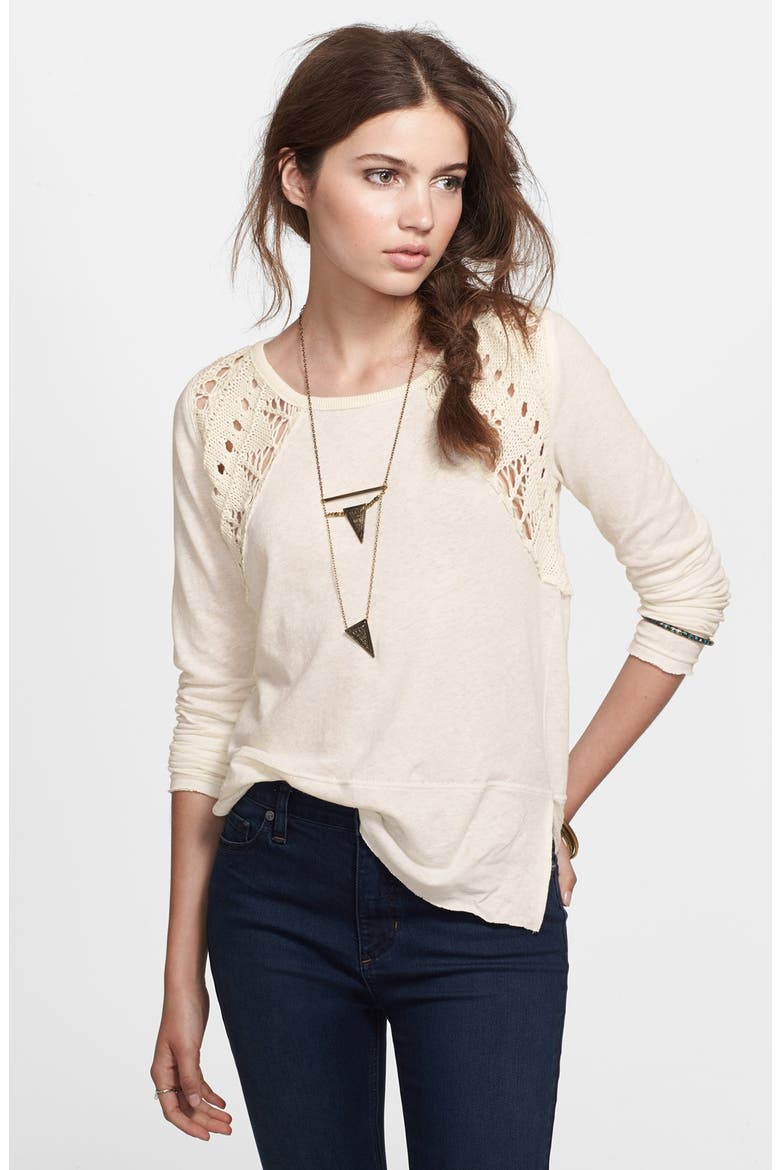 Crochet Insert Lace Up Tee, Main, color, CREAM