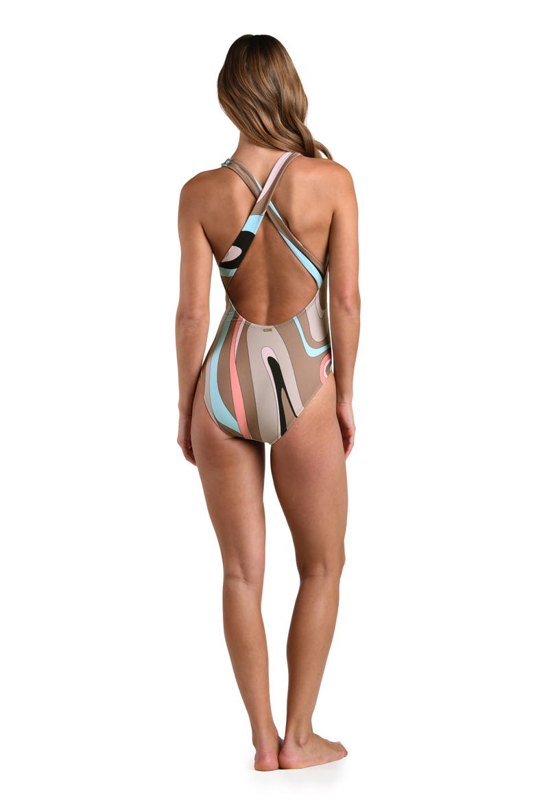 Lisa Abstract Swirl Plunge One-Piece Swimsuit, Alternate, color, BROWN MULTI