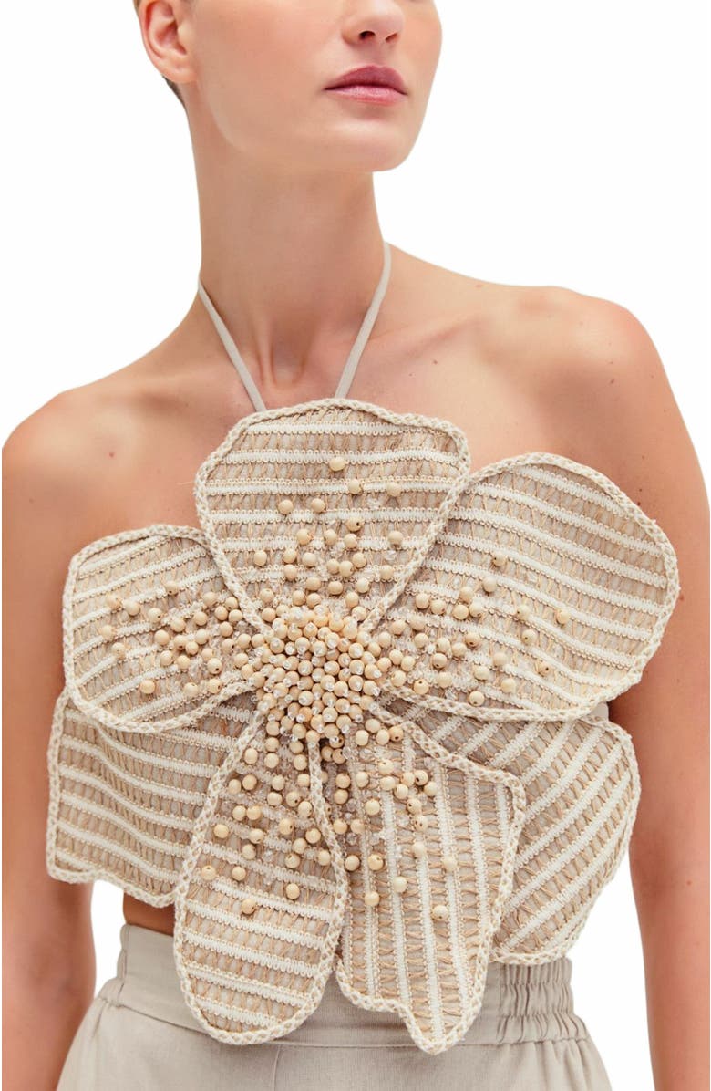 PatBO Candy Linen Hand-Beaded Flower Top, Alternate, color, Natural