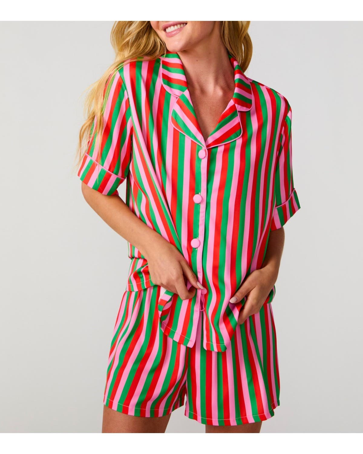 Sunshine Society Silky Christmas Candy Stripe Short Sleeve Short Set ...