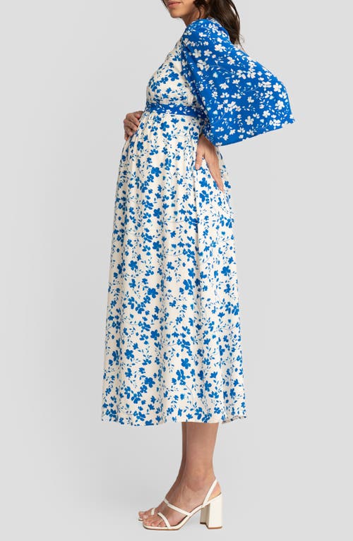 Shop Seraphine Floral Maternity/nursing Midi Dress In Blue/white