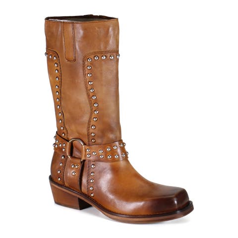 VAL UABLE Leather Mid Calf Studded Harness Boot