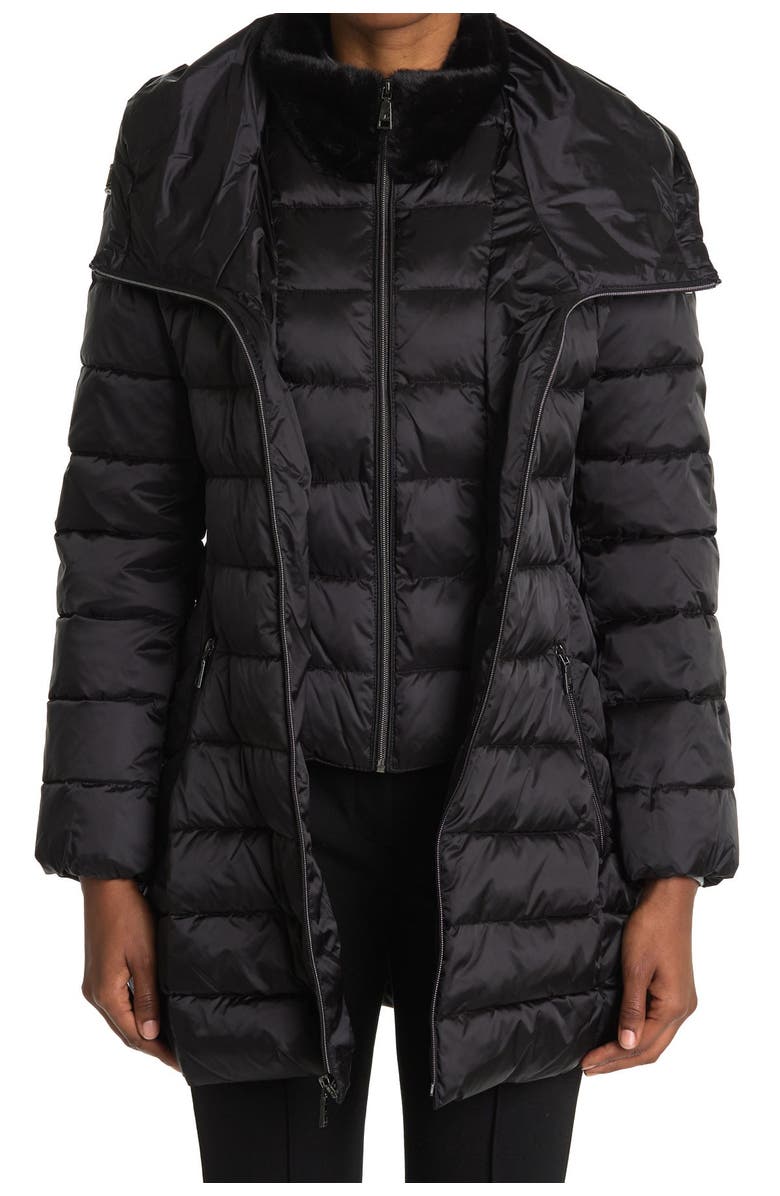 Tahari Faux Fur Trim Collar Hooded Bib Puffer Jacket, Alternate, color,
