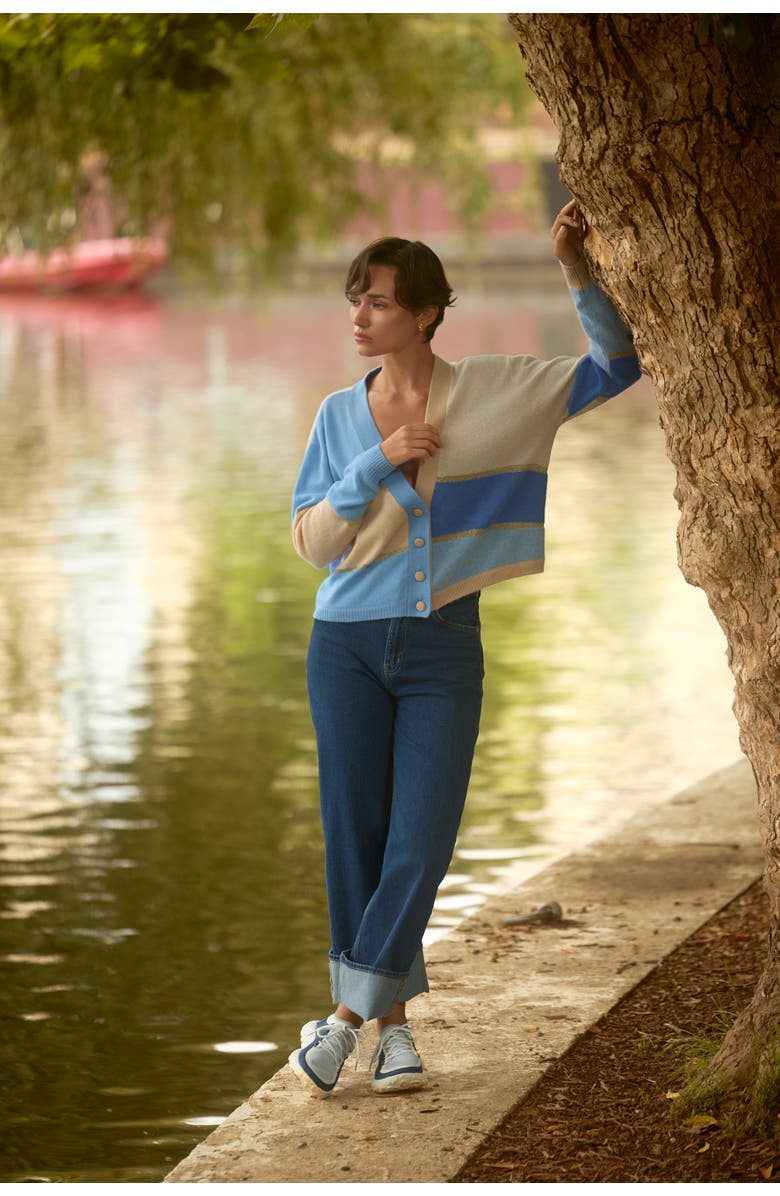 Brodie Pure Cashmere Abstract Scenic 100% Cashmere Cardigan, Alternate, color, Soft Camel/Splash, Willow