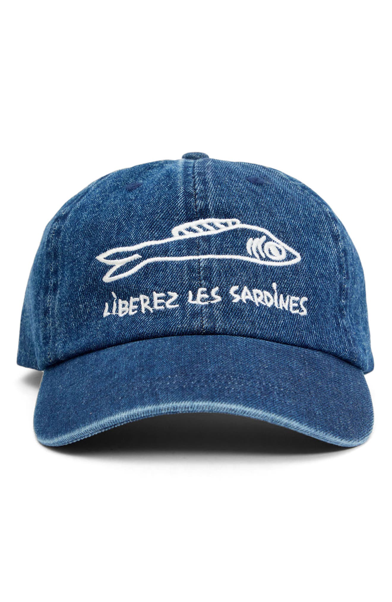 Clare V. Liberez les Sardines Embroidered Denim Baseball Cap
