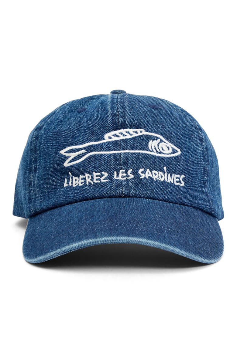 Liberez les Sardines Embroidered Denim Baseball Cap (Women