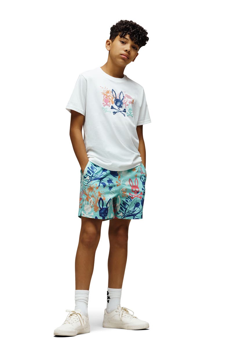 Psycho Bunny Kids' Santino Print Swim Trunks, Alternate, color, Aqua Haze