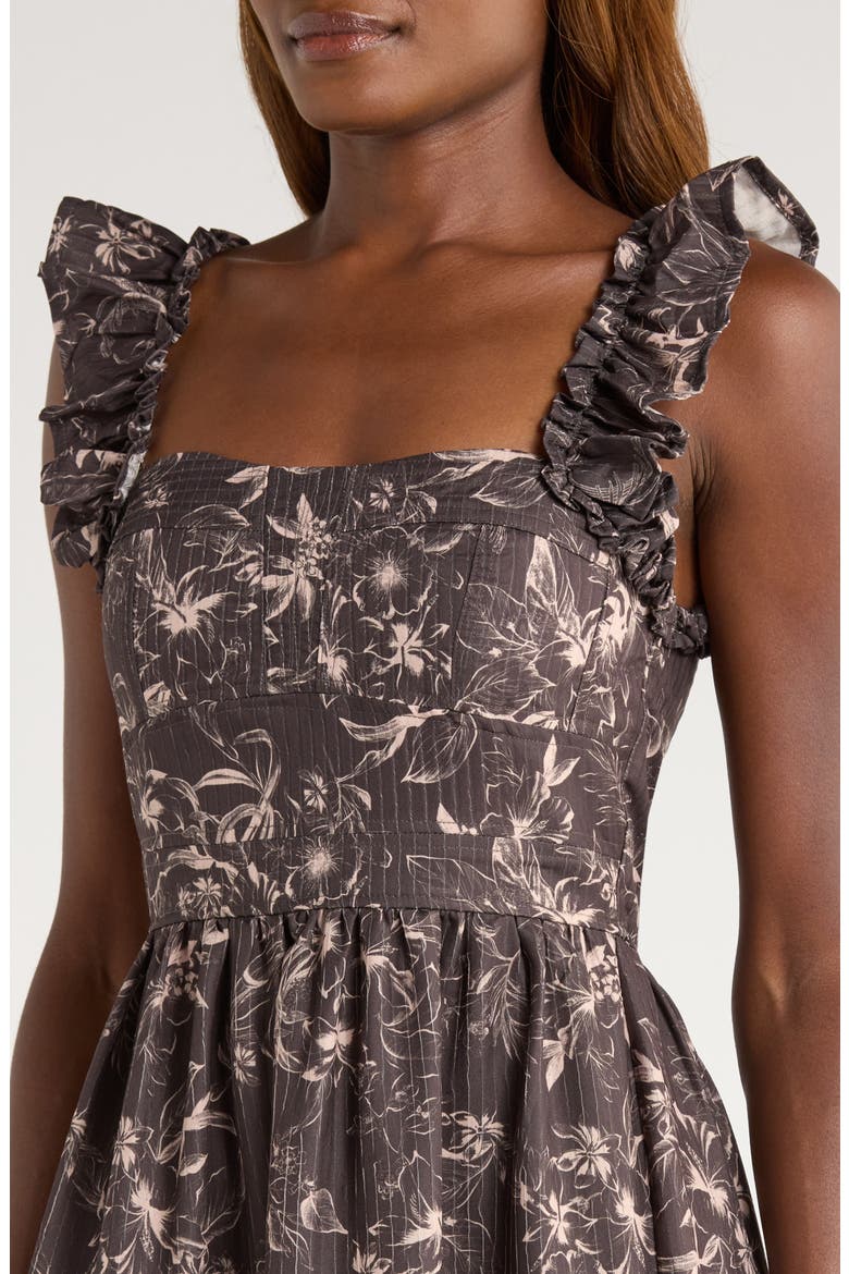 Print Flutter Strap Midi Dress, Alternate, color, BROWN