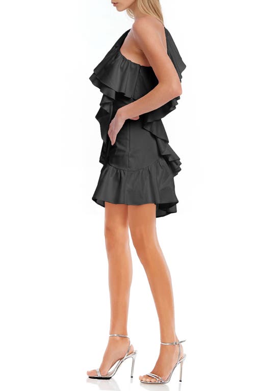 Jewel Badgley Mischka Ruffle One-shoulder Asymmetric Cocktail Minidress In Black