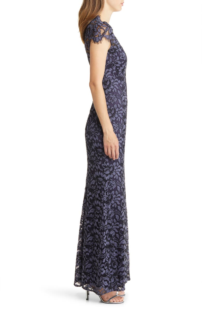 Eliza J Illusion Cap Sleeve Gown, Alternate, color, Navy