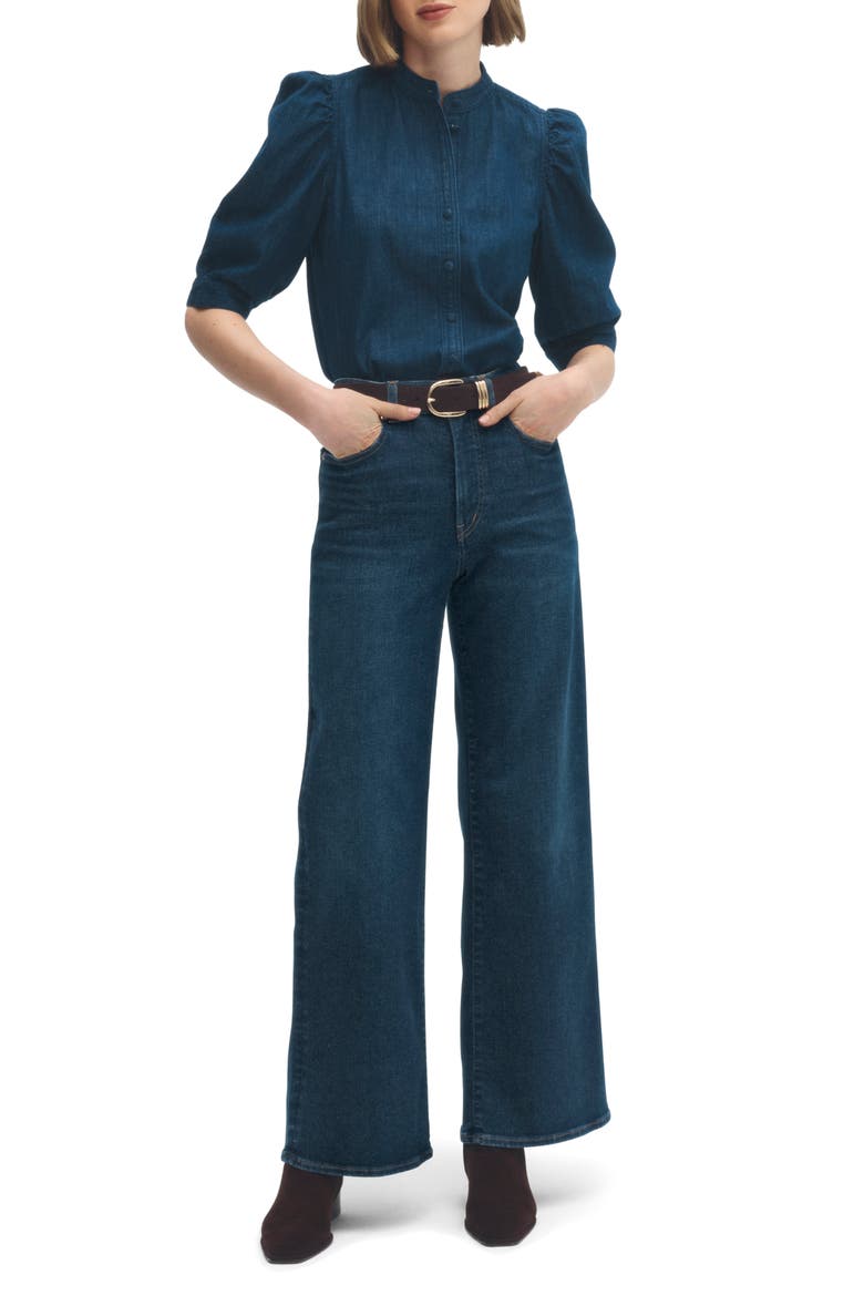 Denim Puff-Sleeve Band-Collar Shirt, Alternate, color, PLUMVILLE WASH