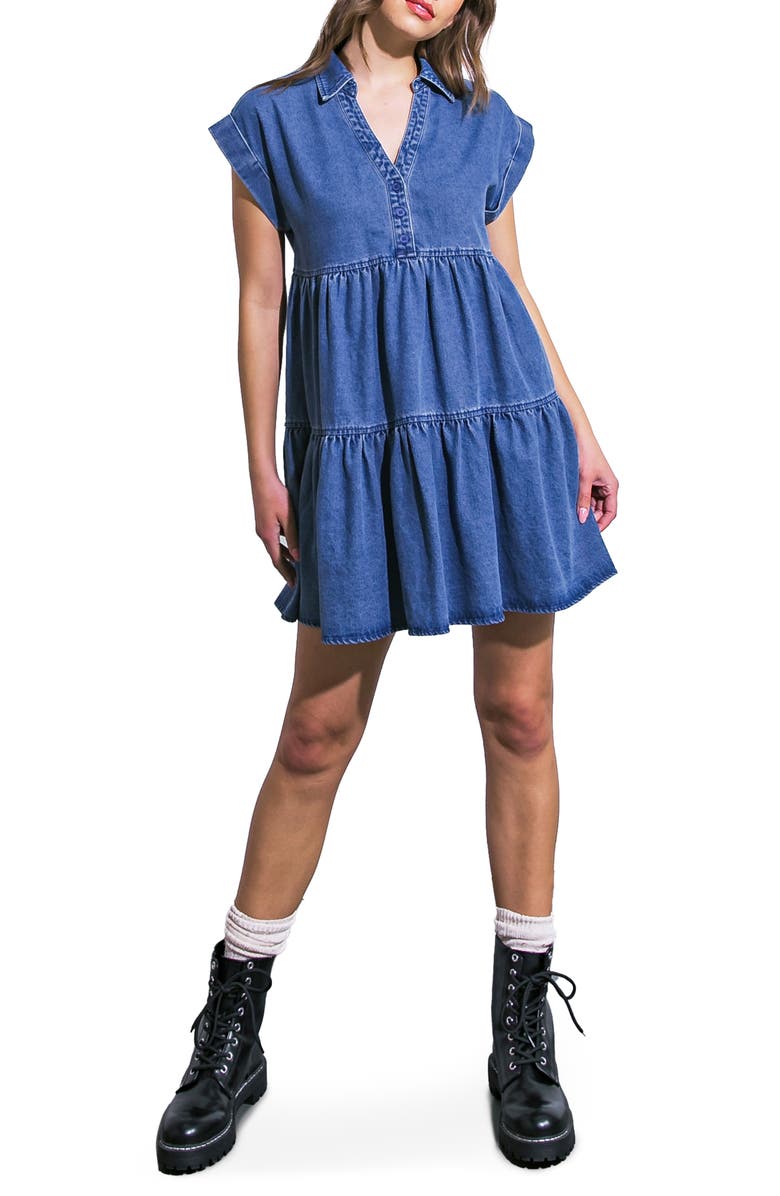 FLYING TOMATO Cap Sleeve Denim Babydoll Minidress, Main, color,