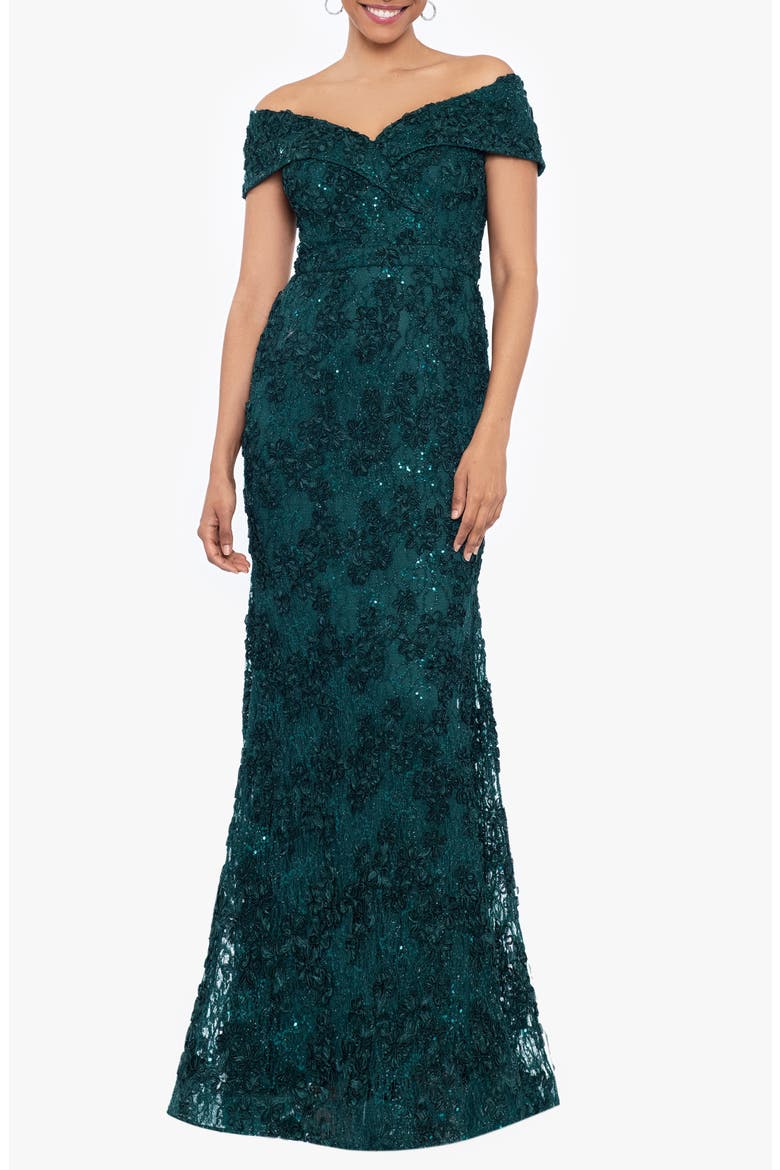 Off the Shoulder Embroidered Gown, Main, color, HUNTER
