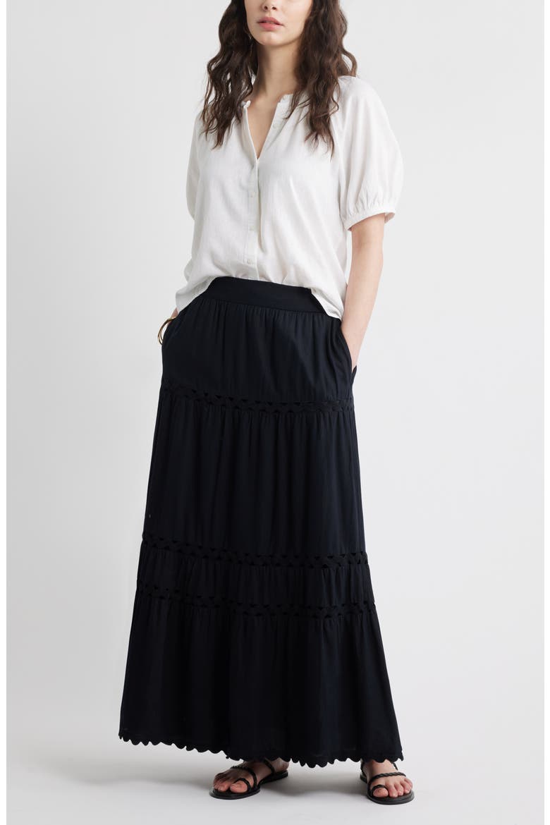 Rickrack Trim Linen Blend Tiered Maxi Skirt, Alternate, color, BLACK