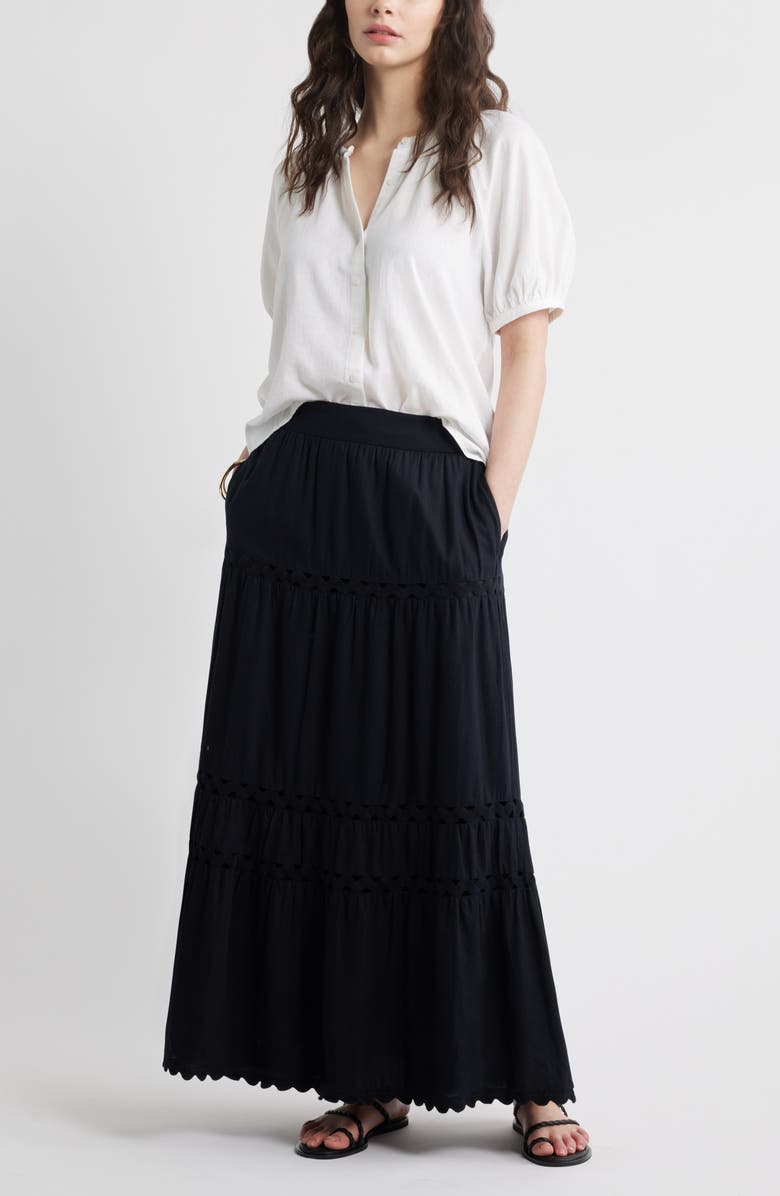 Caslon<sup>®</sup> Rickrack Trim Linen Blend Tiered Maxi Skirt, Alternate, color, Black