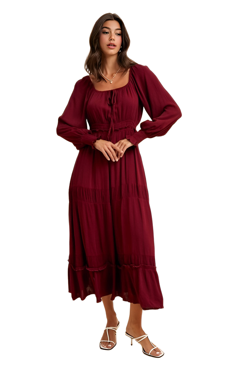 Knit and Lounge Long-Sleeve Smocked Maxi Dress with Tiered Skirt, Alternate, color, Burgundy