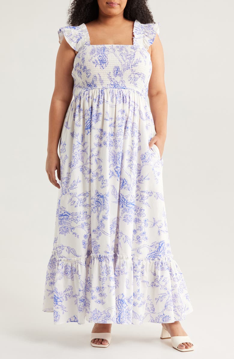 MELLODAY Floral Print Maxi Sundress, Main, color, Ivory/ Blue
