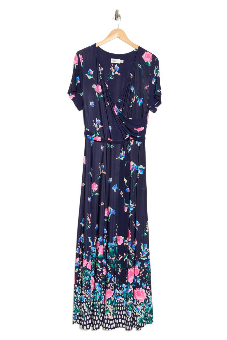 Floral Short Sleeve Faux Wrap Maxi Dress, Alternate, color, NAVY MULTI