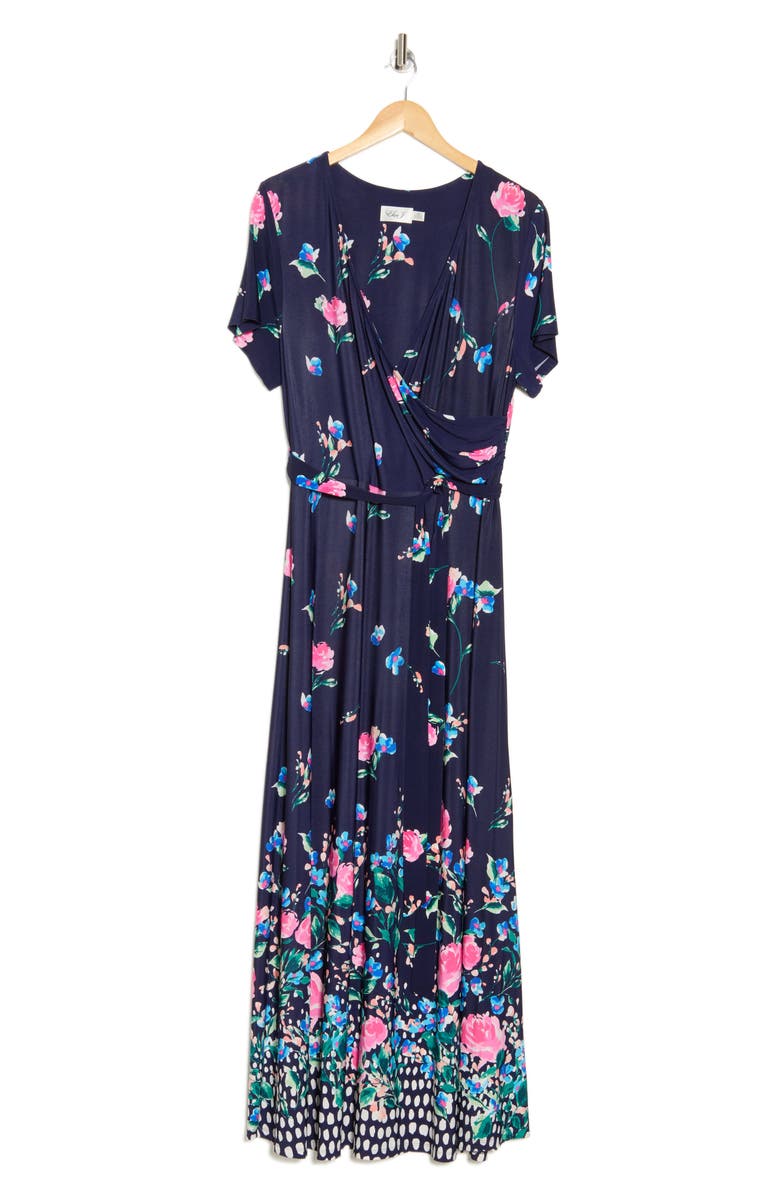 Eliza J Floral Short Sleeve Faux Wrap Maxi Dress, Alternate, color, Navy Multi