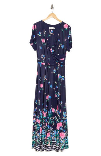 ELIZA J ELIZA J FLORAL SHORT SLEEVE FAUX WRAP MAXI DRESS
