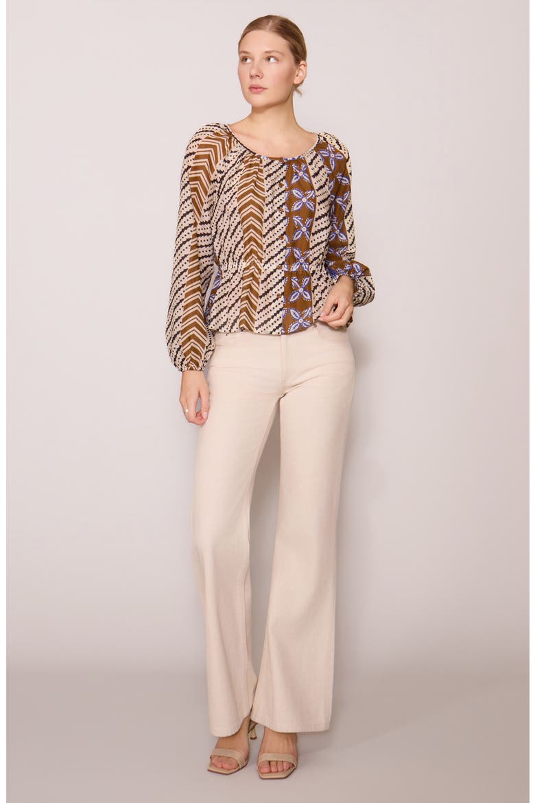 Long Sleeve Button Front Peplum Top, Alternate, color, BROWN BLUE PRINT