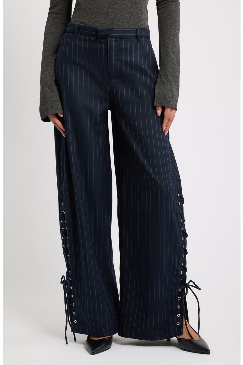 Delirio Lace-Up Wide Leg Pinstripe Pants, Main, color, NAVY