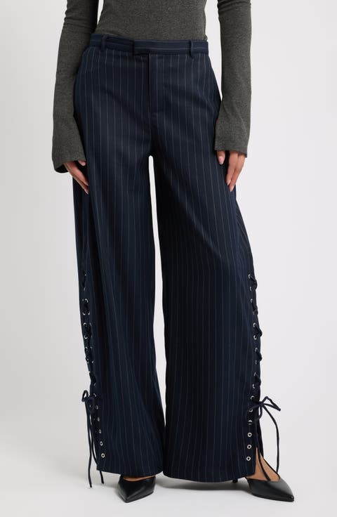 Delirio Lace-Up Wide Leg Pinstripe Pants