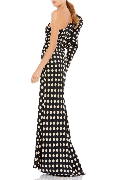 Mac Duggal One-shoulder Polka Dot Sheath Gown In Black