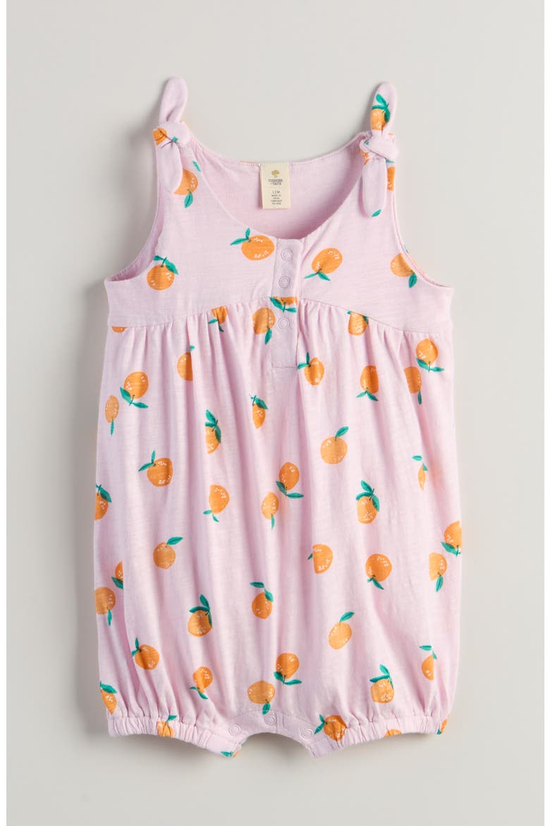 Shoulder Bow Cotton Romper, Main, color, PINK SHADE SWEET ORANGES
