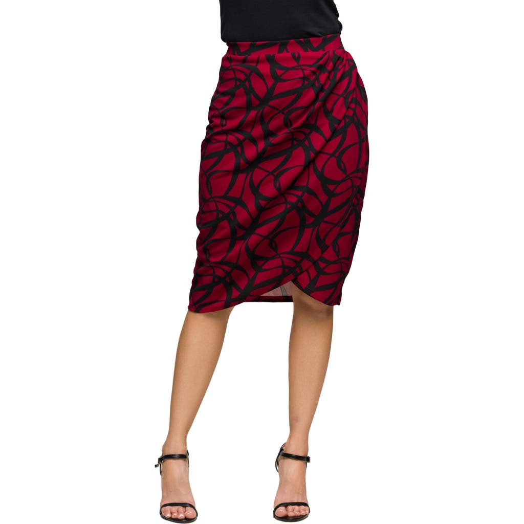 24seven Comfort Apparel Plus Size Burgundy Print Ruched Knee Length Skirt In Multi