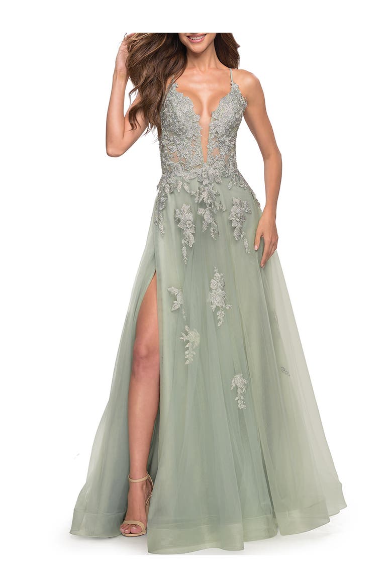 Tulle A-line Dress with Jeweled Lace Appliques, Alternate, color, Sage