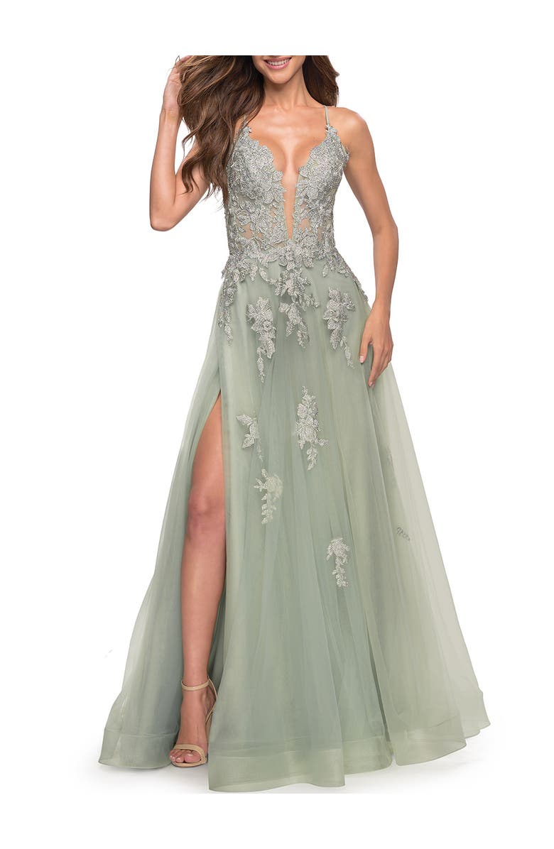 La Femme Tulle A-line Dress with Jeweled Lace Appliques, Alternate, color, Sage