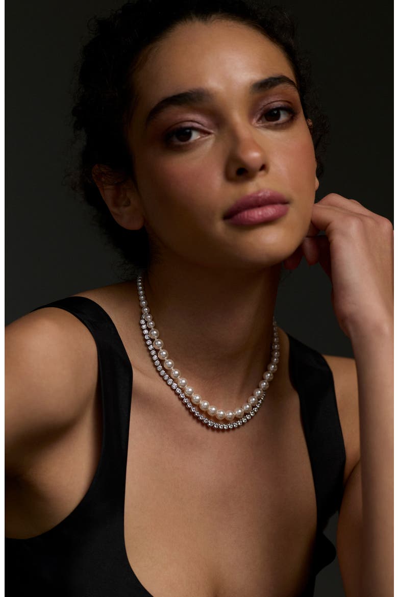 Imitation Pearl and Cubic Zirconia Double Layer Necklace, Alternate, color, RHODIUM