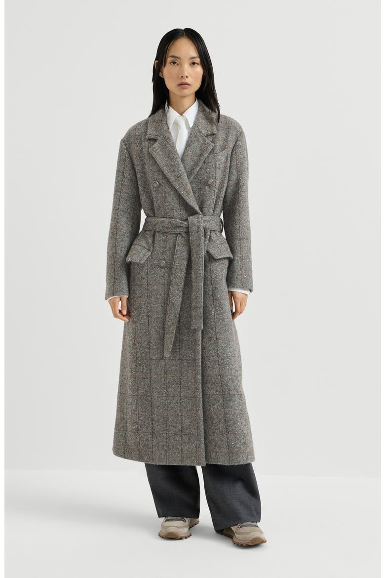 Techno alpaca check tweed coat with monili, Main, color, Dark Grey