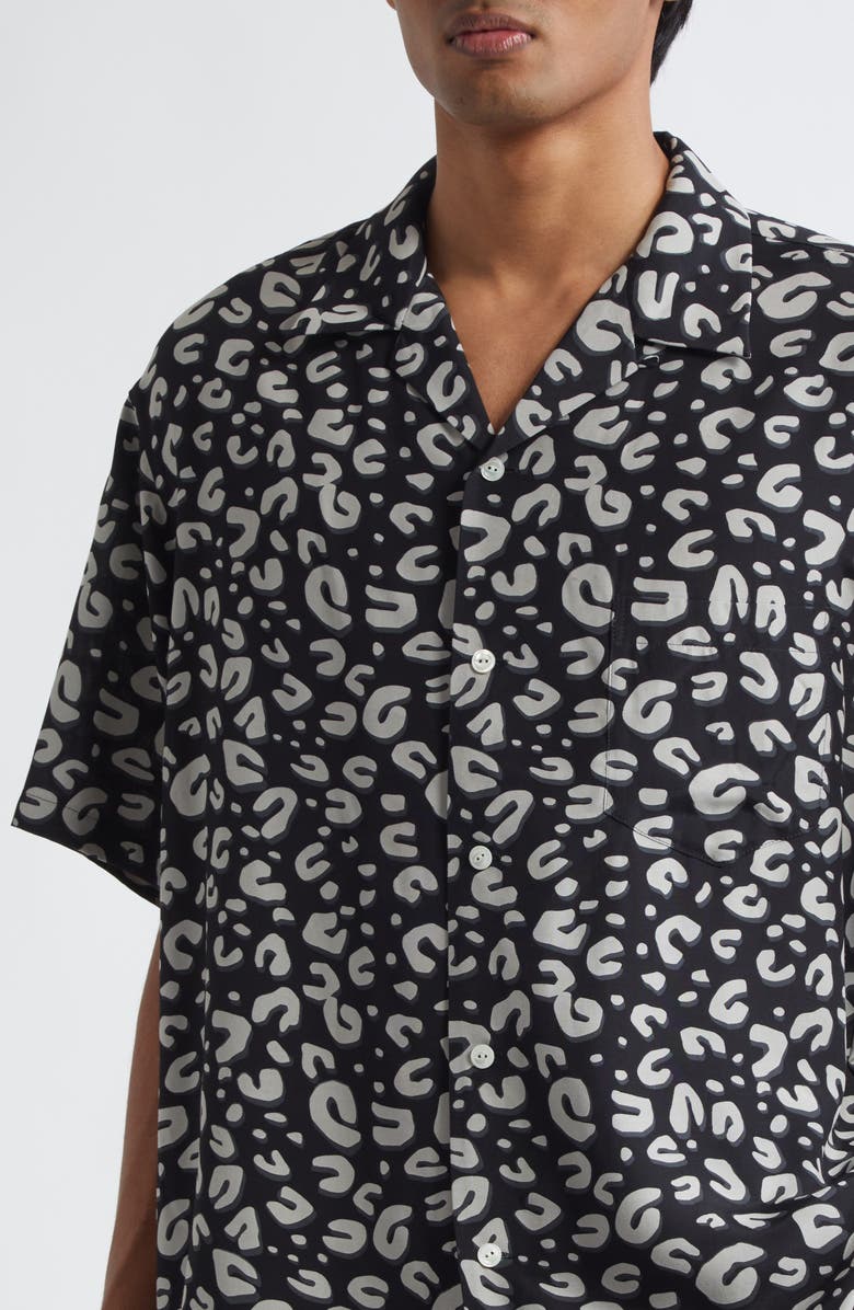 TAKAHIROMIYASHITA TheSoloist. Leopard Print Oversize Camp Shirt, Alternate, color, Black X White